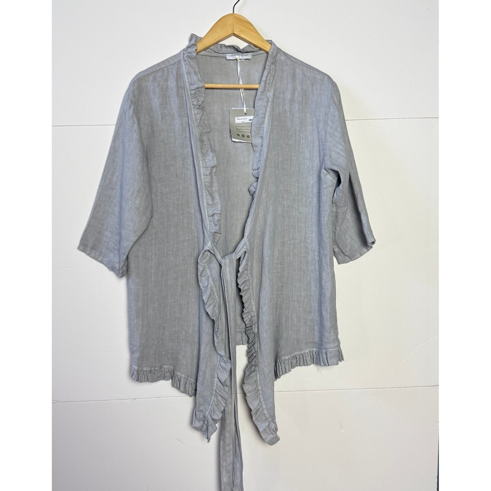 New Cobblestone Italy Gray 100% Linen Ruffle Wrap Top One Size Lagenlook Boho